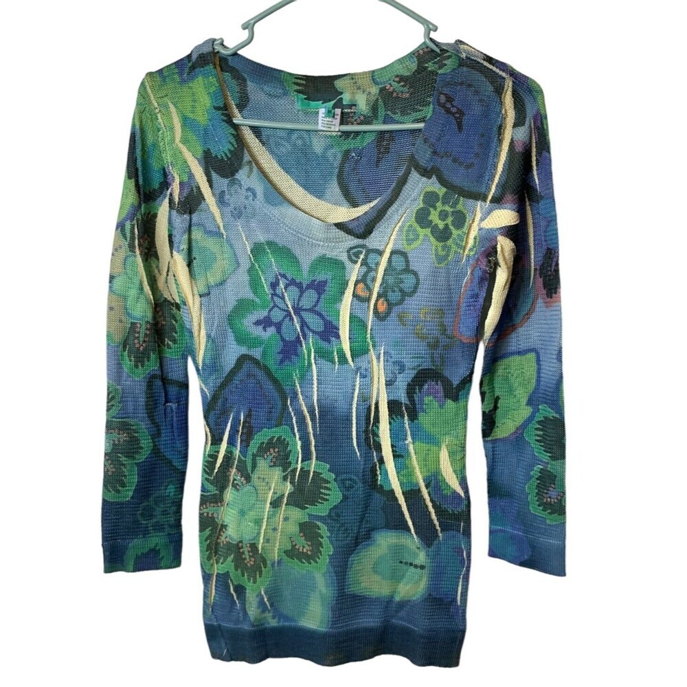 Bette Paige Sweater Green Floral Open Pleats Contrast Color Throughout Medium